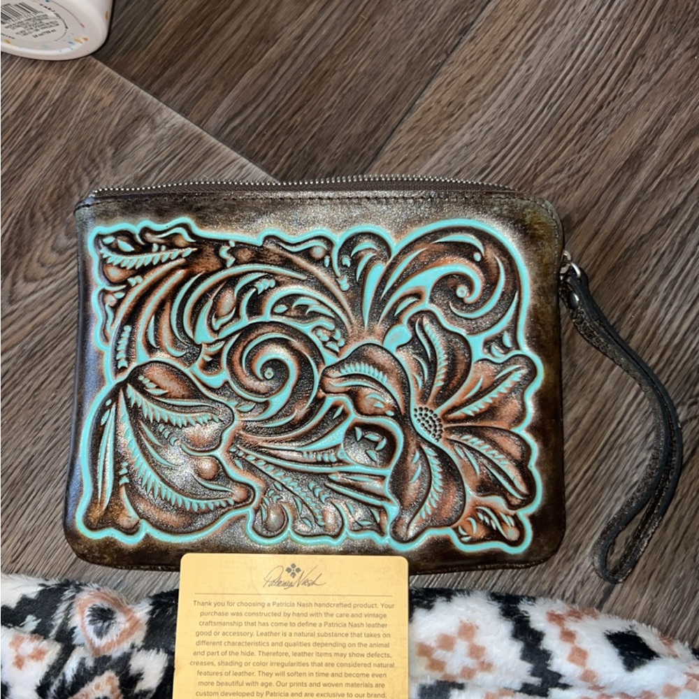 Patricia Nash Brown and Blue Embossed Wristlet